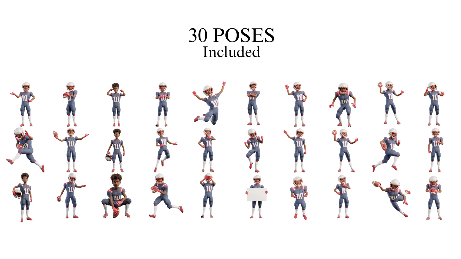30 pre-made poses for cartoon NFL sport player 3D character